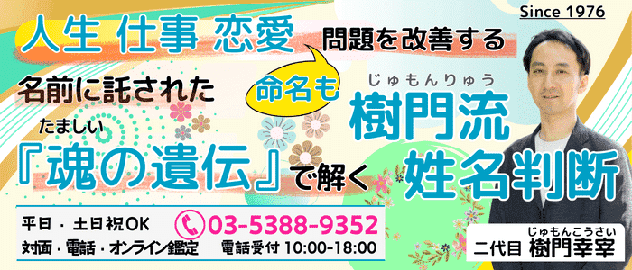 姓名判断 | 人生・仕事・恋愛（命名も） 問題を改善する 名前に託された『魂の遺伝』で解く樹門流姓名判断 タイトル小